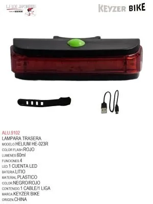 LUZ TRASERA  MARCA KEYZER   MODELO HELIUM  FS023R  60lm/color ROJO/3 modos de flash/COB+2 cuentas LED/ bateria de litio