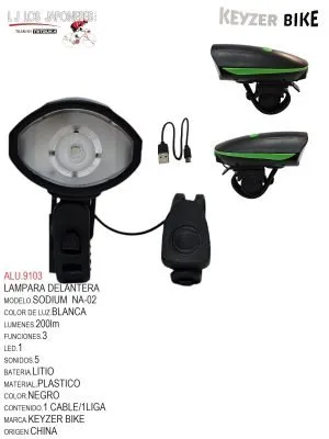 LUZ DELANTERA MARCA  KEYZER MODELO SODIUM FS02 200 lm/3 modos de flash/con varios sonidos/batería  de litio