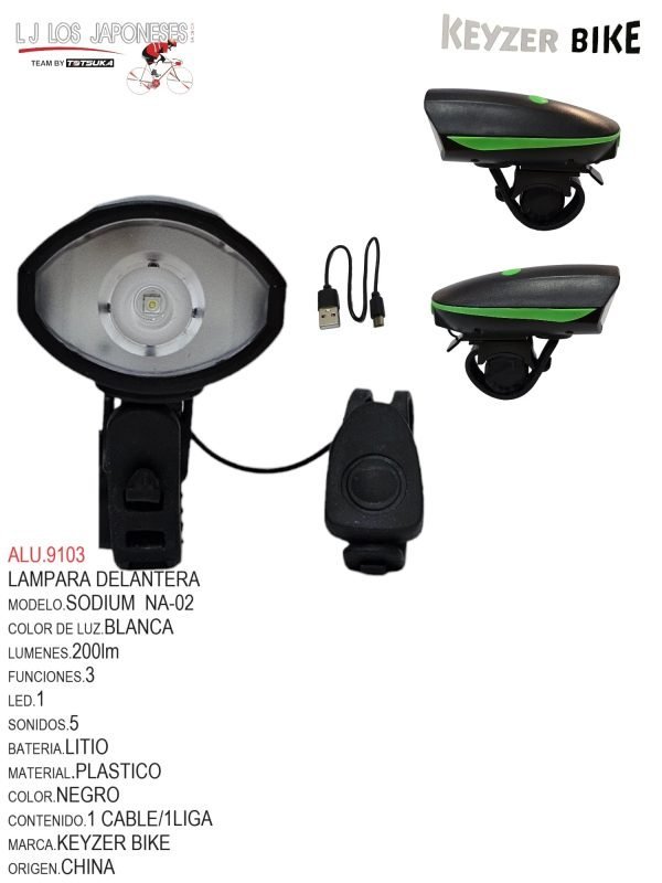 ALU.9103 LUZ DELANTERA MARCA KEYZER MODELO SODIUM FS02 200 lm/3 modos de flash/con varios sonidos/batería de litio