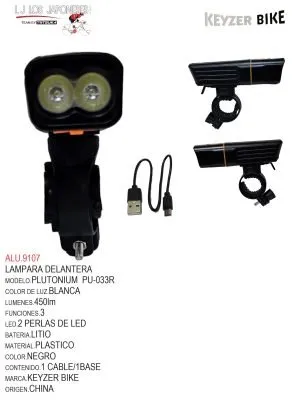 LUZ DELANTERA MARCA  KEYZER MODELO PLUTONIUM  FS033R LED de 450 lúmenes: 2 perlas de luz T6 de alto brillo, modo de luz:: batería de litio