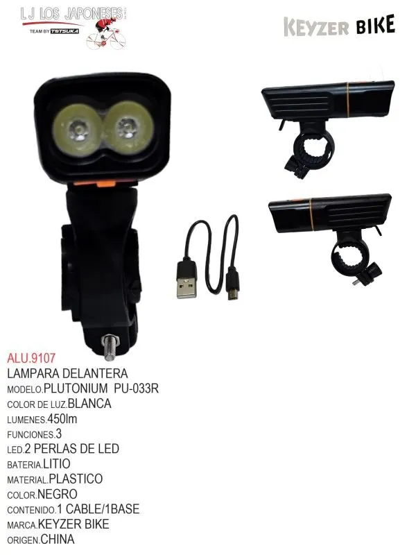 LUZ DELANTERA MARCA  KEYZER MODELO PLUTONIUM  FS033R LED de 450 lúmenes: 2 perlas de luz T6 de alto brillo, modo de luz:: batería de litio