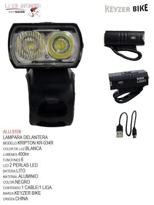 LUZ DELANTERA MARCA  KEYZER MODELO KRIPTON FS034R 400LM LED: 2 luces LED brillantes Modo: ajuste de 6 velocidades Batería: batería de litio