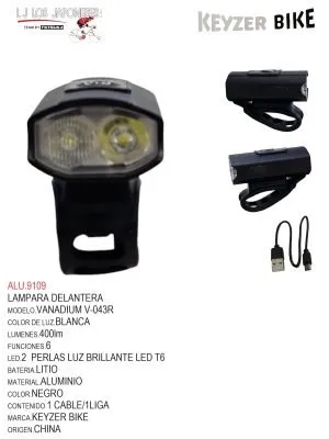 LUZ DELANTERA MARCA  KEYZER MODELO VANADIUM FS043R 400LM LED: 2 luces brillantes T6LED Modo: ajuste de 6 vel. batería de litio. Aluminio