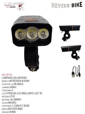 LUZ DELANTERA MARCA  KEYZER MODELO NITROGEN FS054R LED de 400 lúmenes: 3 modos de luz brillantes T6LED: ajuste 3 vel : batería de litio. Aluminio