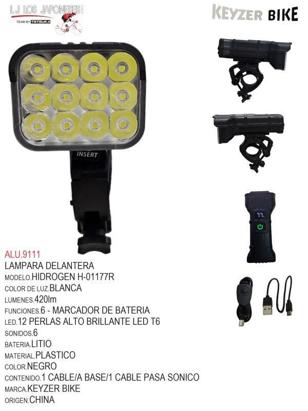 ALU.9111 LUZ DELANTERA MARCA KEYZER MODELO HIDROGEN FS0177R 420LM LED: 12 luces LED de alto brillo Modo: ajuste de 5 veL : batería de litio