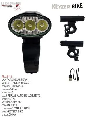 LUZ DELANTERA MARCA  KEYZER MODELO TITANIUM FS003/07 LED 590LM: 3 cuentas de luz T6 de alto brillo, modo de luz: batería de ajuste de tres vel : batería de litio