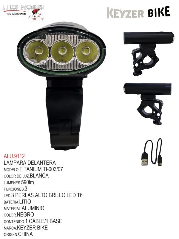 ALU.9112 LUZ DELANTERA MARCA KEYZER MODELO TITANIUM FS003/07 LED 590LM: 3 cuentas de luz T6 de alto brillo, modo de luz: batería de ajuste de tres vel : batería de litio