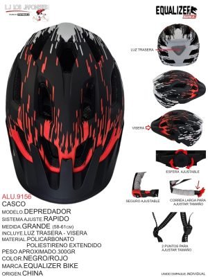 Casco Modelo Depredador, Sistema Ajuste Rápido, Medida Grande (58-61cm), Incluye Luz Trasera y Visera, Material Policarbonato Poliestireno Extendido, Color Negro/Rojo, Marca Equalizer Bike, Origen China