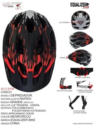ALU.9156 Casco Modelo Depredador, Sistema Ajuste Rápido, Medida Grande (58-61cm), Incluye Luz Trasera y Visera, Material Policarbonato Poliestireno Extendido, Color Negro/Rojo, Marca Equalizer Bike, Origen China