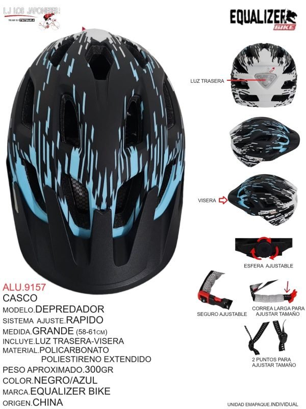 Casco Modelo Depredador, Sistema Ajuste Rápido, Medida Grande (58-61cm), Incluye Luz Trasera y Visera, Material Policarbonato Poliestireno Extendido, Color Negro/Azul, Marca Equalizer Bike, Origen China