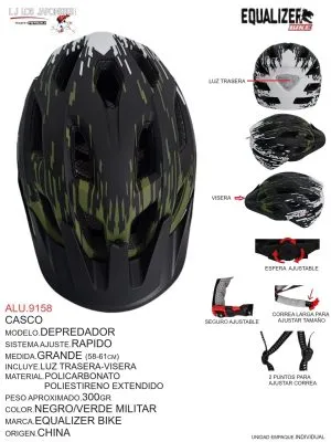 ALU.9158 Casco Modelo Depredador, Sistema Ajuste Rápido, Medida Grande (58-61cm), Incluye Luz Trasera y Visera, Material Policarbonato Poliestireno Extendido, Color Negro/Verde Militar, Marca Equalizer Bike, Origen China