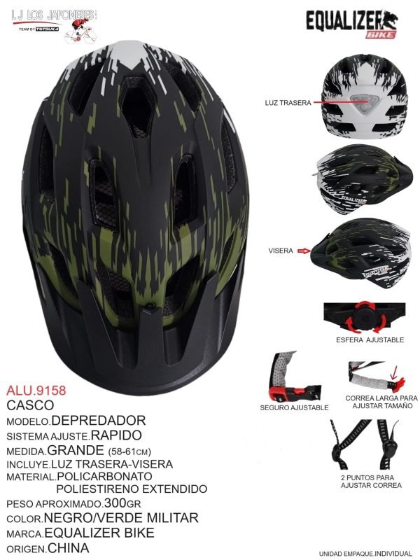 Casco Modelo Depredador, Sistema Ajuste Rápido, Medida Grande (58-61cm), Incluye Luz Trasera y Visera, Material Policarbonato Poliestireno Extendido, Color Negro/Verde Militar, Marca Equalizer Bike, Origen China