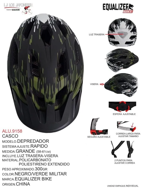 Casco Modelo Depredador, Sistema Ajuste Rápido, Medida Grande (58-61cm), Incluye Luz Trasera y Visera, Material Policarbonato Poliestireno Extendido, Color Negro/Verde Militar, Marca Equalizer Bike, Origen China