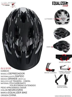 ALU.9159 Casco Modelo Depredador, Sistema Ajuste Rápido, Medida Grande (58-61cm), Incluye Luz Trasera y Visera, Material Policarbonato Poliestireno Extendido, Color Negro/Gris, Marca Equalizer Bike, Origen China