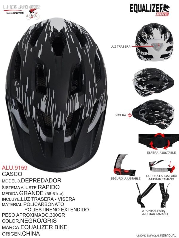 Casco Modelo Depredador, Sistema Ajuste Rápido, Medida Grande (58-61cm), Incluye Luz Trasera y Visera, Material Policarbonato Poliestireno Extendido, Color Negro/Gris, Marca Equalizer Bike, Origen China