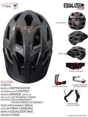 ALU.9160 Casco Modelo Depredador, Sistema Ajuste Rápido, Medida Grande (58-61cm), Incluye Luz Trasera y Visera, Material Policarbonato Poliestireno Extendido, Color Fibra Carbono, Marca Equalizer Bike, Origen China