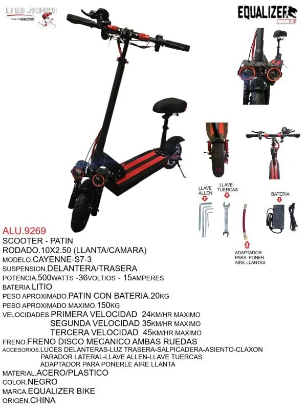 Scooter eléctrico con frenos mecánicos en ambas ruedas Modelo CAYENNE-S7-3. Rodado 10x2.50. Potencia de 500 watts.