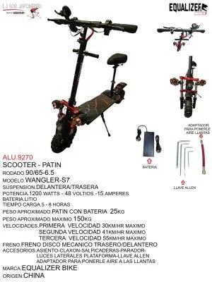 ALU.9270 Scooter eléctrico modelo Wrangler-S7, potencia de 1200W, suspensión delantera y trasera, velocidades hasta 55 km/hr. Incluye freno de disco mecánico.