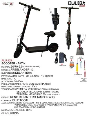 ALU.9271 Scooter eléctrico modelo Freelander-10, potencia de 350W, batería de litio, autonomía hasta 60 km. Incluye freno tambor ABS y Bluetooth.