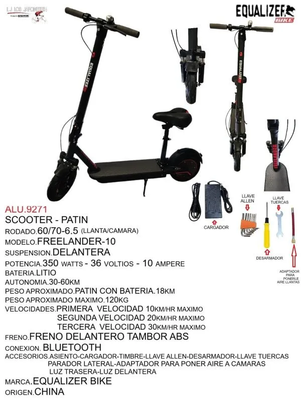 Scooter eléctrico modelo Freelander-10, potencia de 350W, batería de litio, autonomía hasta 60 km. Incluye freno tambor ABS y Bluetooth.