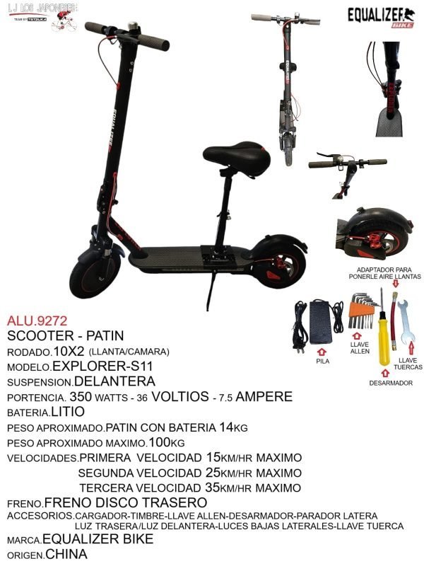 ALU.9272 Scooter eléctrico modelo Explorer-S11, potencia de 350W, batería de litio, velocidades hasta 35 km/hr. Freno de disco trasero y luz LED.