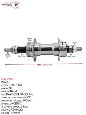 ALU.9282 Maza Trasera 36H Rayo Delgado