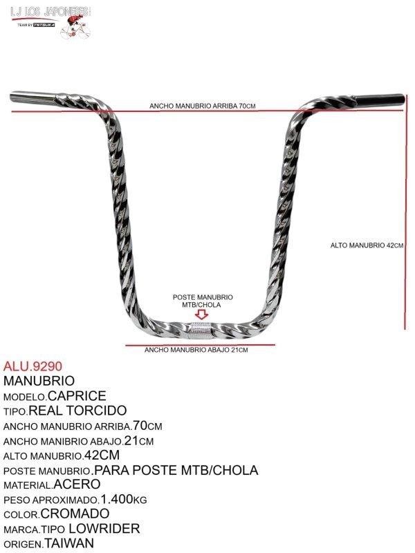ALU.9290 MANUBRIO MODELO.CAPRICE, TIPO.REAL TORCIDO, PARA POSTE MTB/CHOLA