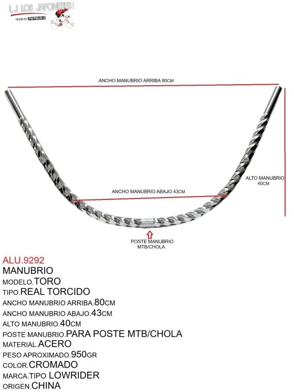 ALU.9292 MANUBRIO MODELO.TORO, TIPO.REAL TORCIDO, PARA POSTE MTB/CHOLA