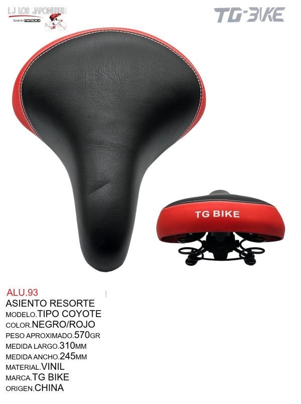 ALU.93 Asiento Resorte Tipo Coyote. Modelo en negro y rojo que ofrece un diseño moderno y ergonómico para mayor confort en cada recorrido. Medidas: largo 245mm, ancho 215mm. Peso aproximado de 545g. Material de vinil resistente. Marca Totsuka, origen China. Ideal para mejorar el confort y la estética de la bicicleta.