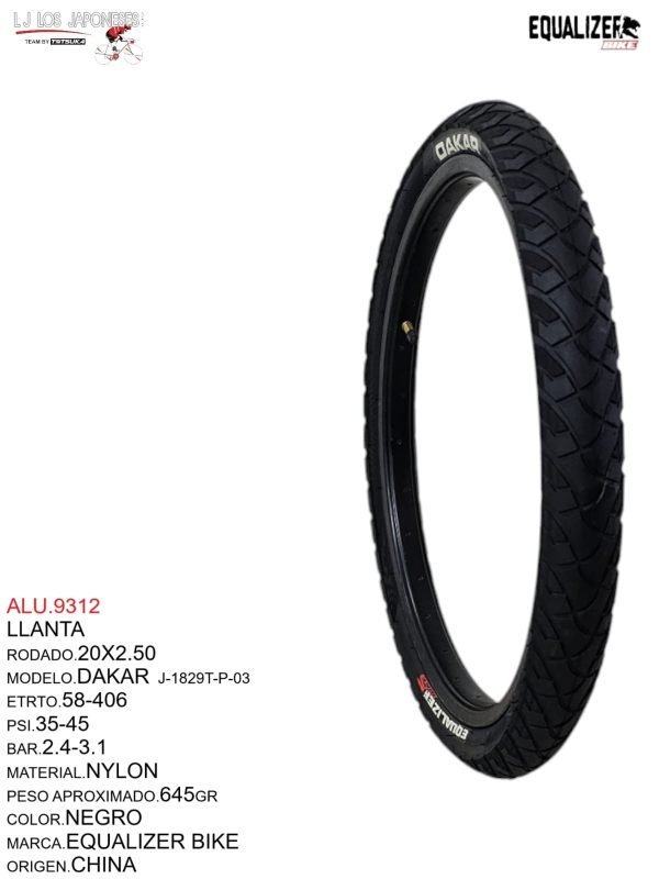 Llanta robusta y duradera para terrenos variados Modelo DAKAR J-1829T-P-03. Rodado 20x2.50.