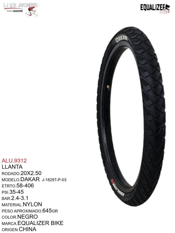 Llanta robusta y duradera para terrenos variados Modelo DAKAR J-1829T-P-03. Rodado 20x2.50.