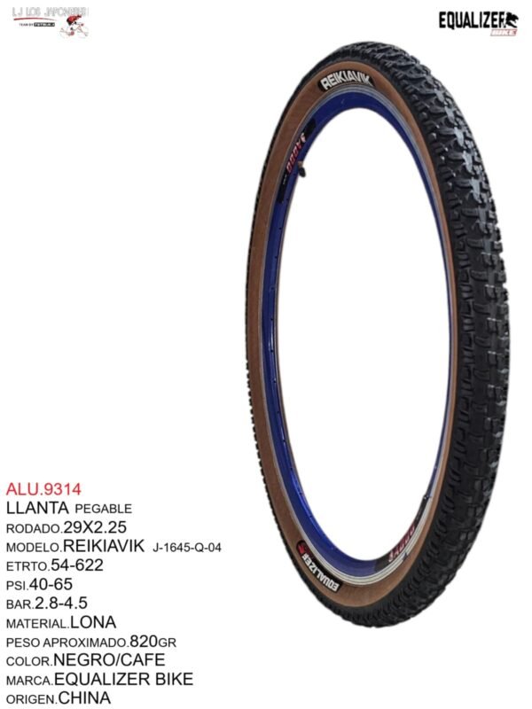 LLANTA 29 X 2.25 NEGRO/CAFÉ MARCA EQUALIZER MODELO REIKIAVIK PEGABLE