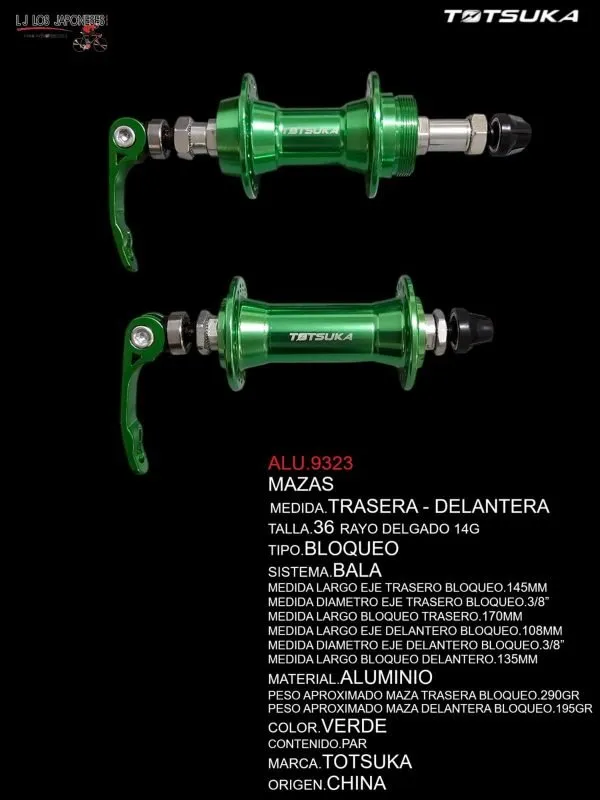 PAR DE MAZAS TRASERA Y DELANTERA DE 36 RAYOS BLOQUEO 3/8 COLOR VERDE