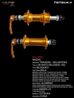 ALU.9324 PAR DE MAZAS TRASERA Y DELANTERA DE 36 RAYOS BLOQUEO 3/8 COLOR AMARILLO