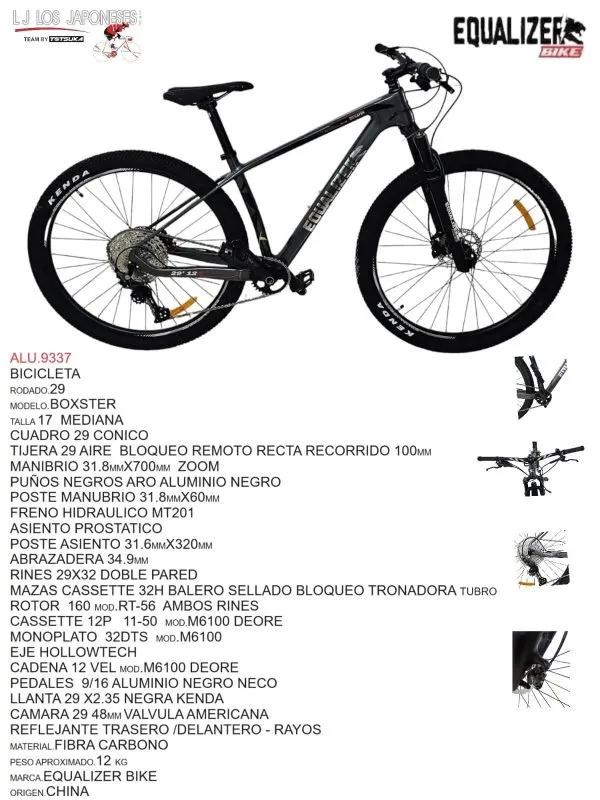 ALU.9337 BICICLETA 29 MARCA EQUALIZER 1 X 12 FIBRA CARBON MODELO BOXSTER