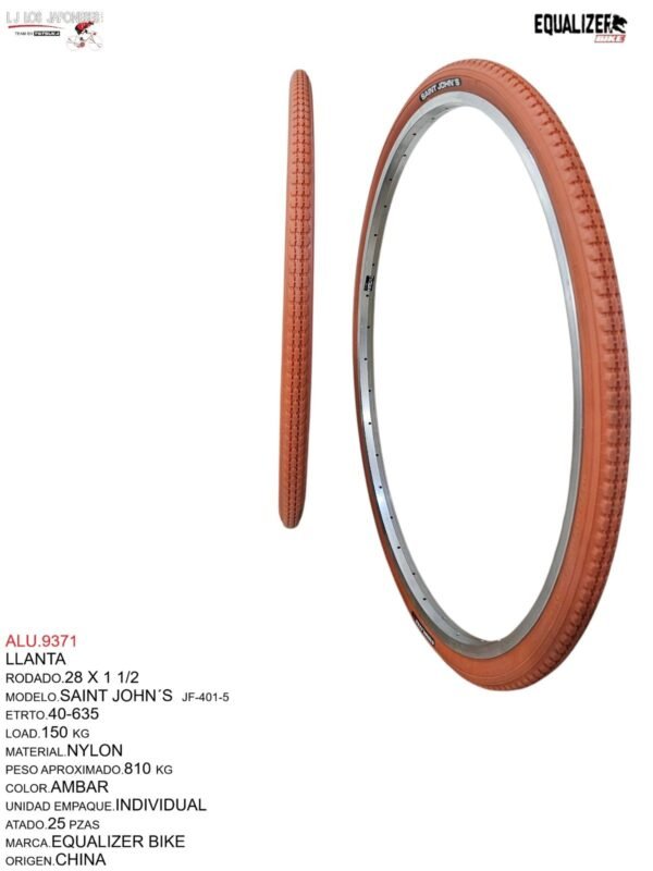 LLANTA 28 X 11/2  MARCA  EQUALIZER BIKE MODELO SAINT JOHN´S COLOR AMBAR
