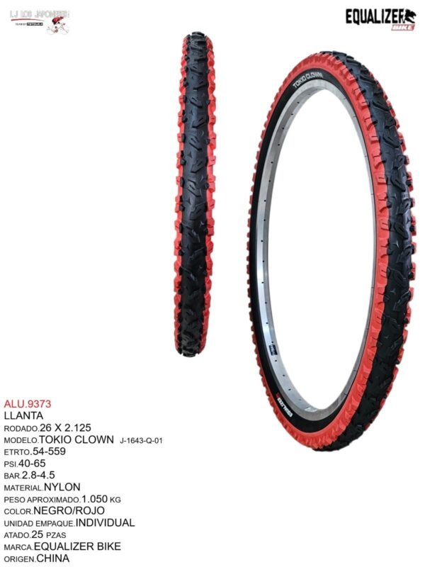 LLANTA 26X2.125 MARCA EQUALIZER BIKE MODELO TOKYO  CLOWN ROJA