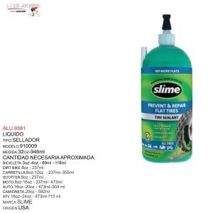 Sellador de llantas marca Slime, modelo 910009, capacidad de 946 ml. Adecuado para bicicletas, dirt bikes, y autos, previene y repara pinchaduras.