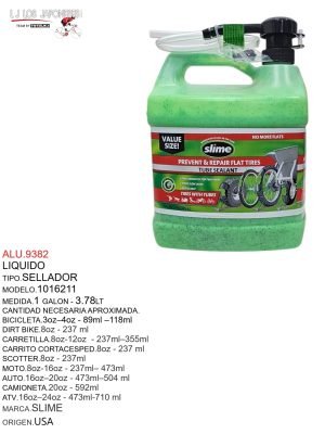 Sellador de llantas marca Slime, modelo 1016211, capacidad de 3.78 litros, ideal para varios tipos de vehículos incluyendo bicicletas y autos.