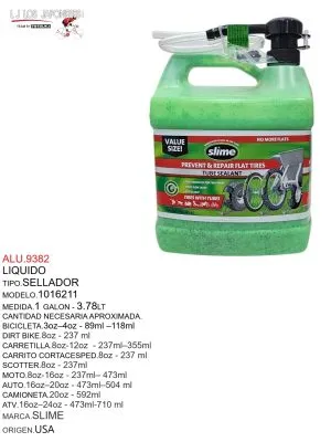 ALU.9382 Sellador de llantas marca Slime, modelo 1016211, capacidad de 3.78 litros, ideal para varios tipos de vehículos incluyendo bicicletas y autos.