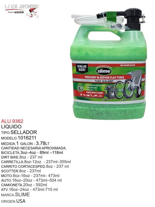 ALU.9382 Sellador de llantas marca Slime, modelo 1016211, capacidad de 3.78 litros, ideal para varios tipos de vehículos incluyendo bicicletas y autos.