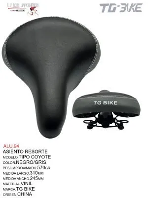 ALU.94 Asiento Resorte Tipo Coyote. Diseño elegante en color negro y gris, con medidas de 245mm de largo y 215mm de ancho. Construido en vinil de alta resistencia. Peso aproximado de 545g. Marca Totsuka, origen China. Este asiento es ideal para quienes buscan un confort duradero y estilo refinado en su bicicleta.