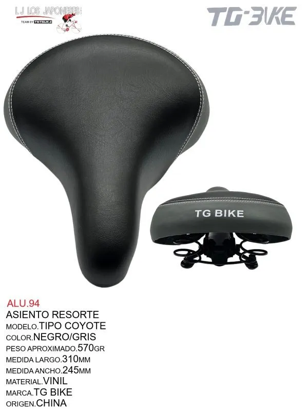 Asiento Resorte Tipo Coyote. Diseño elegante en color negro y gris, con medidas de 245mm de largo y 215mm de ancho. Construido en vinil de alta resistencia. Peso aproximado de 545g. Marca Totsuka, origen China. Este asiento es ideal para quienes buscan un confort duradero y estilo refinado en su bicicleta.