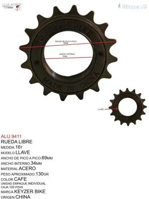 ALU.9411 RUEDA LIBRE 16T CON LLAVE 4 BOCAS KEYZER BIKE