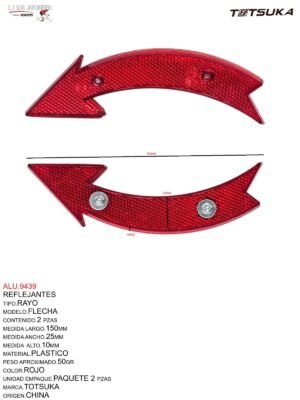 REFLEJANTE PARA RAYO 2 PIEZAS MOD. FLECHA CHINA ROJO