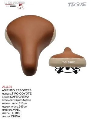 ALU.95 Asiento Resorte Tipo Coyote. Asiento de bicicleta en tonos crema y café, diseñado para brindar un máximo confort gracias a su tecnología de resorte. Medida de largo: 245mm, ancho: 215mm. Material de vinil, con un peso aproximado de 545g. Marca Totsuka, origen China. Añade un toque clásico y cómodo a cualquier bicicleta de paseo.