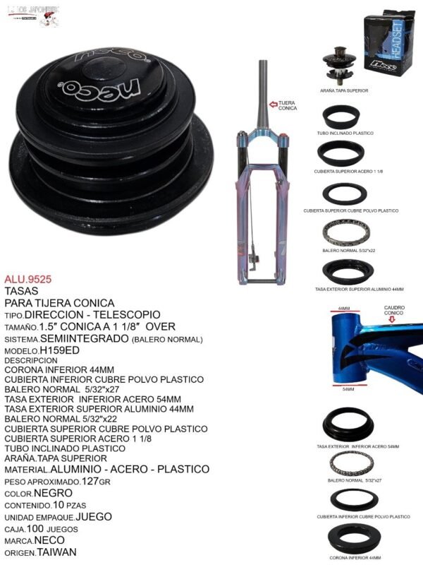 TASAS DE DIRECCION SEMINTEGRADA 1 1/8" MOD H159ED NECO, PARA TIJERA CONICA O RECTA