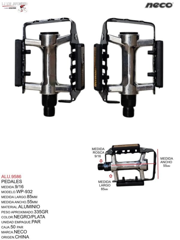 ALU.9586-1.jpeg PEDAL 9/16 MOD.WP-932 NEGRO/PLATA ALUMINIO NECO-CHINO