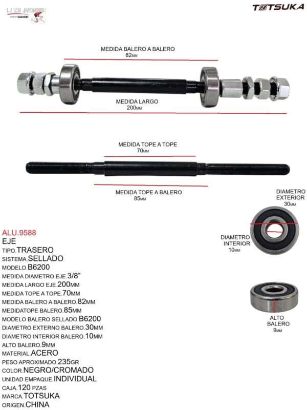 EJE TRASERO SELLADO  B6200, 3/8X135X210MM LARGO BALERO: 70MM MARCA TOTSUKA