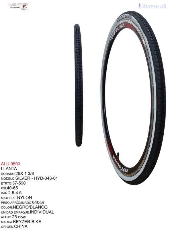 LLANTA 26X1 3/8 NEGRO/BLANCO KEYZER BIKE  KYZ-041 MODELO POLUX
